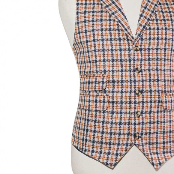 Mens Wool Vest 46R Orange Blue Plaid Check Waistcoat Preppy Casual Wedding Party - Picture 6 of 8